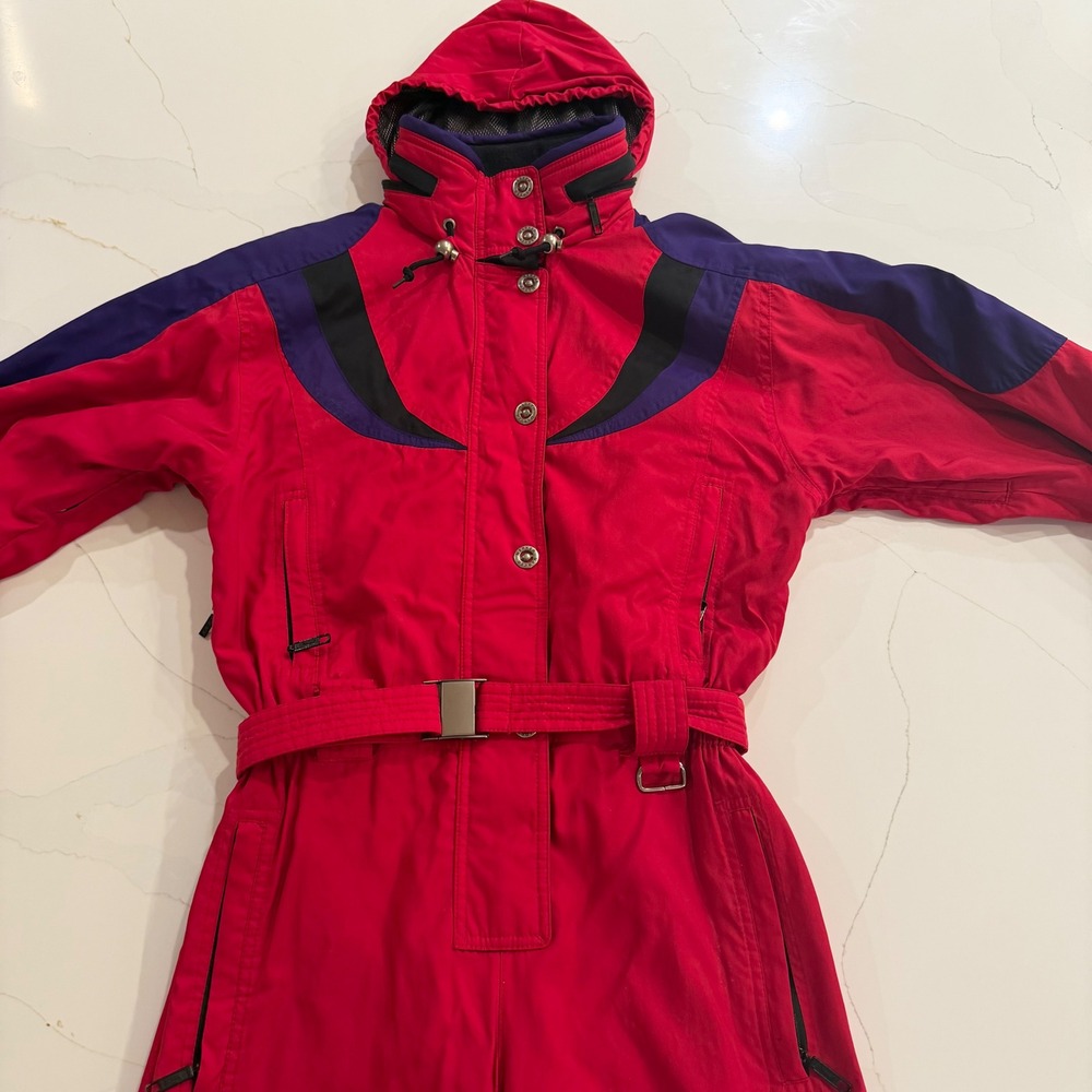 Vintage Marker LTD Womens Red One Piece Ski Suit Belted Hooded Size 8 Retro 90s
